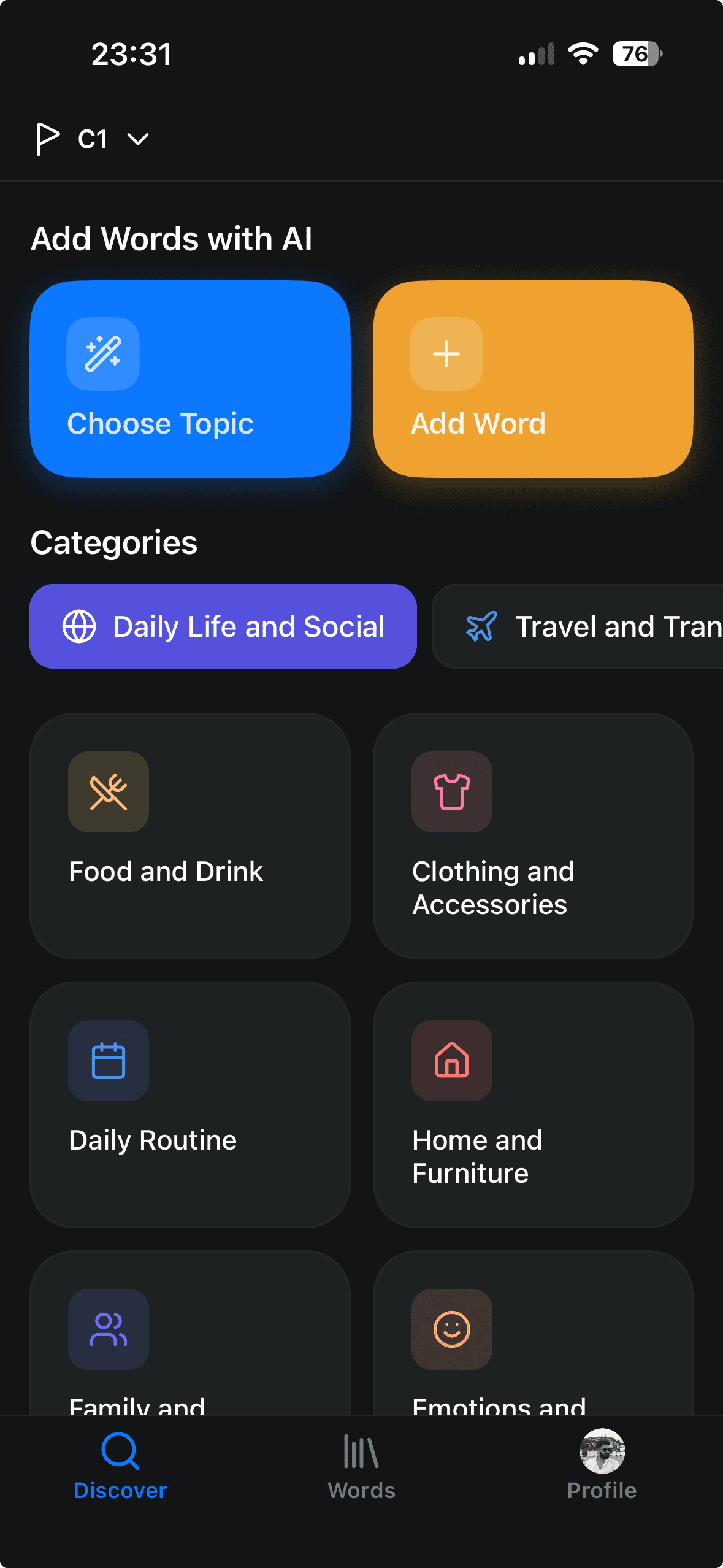 The Braivo app showing AI word generation and topic categories